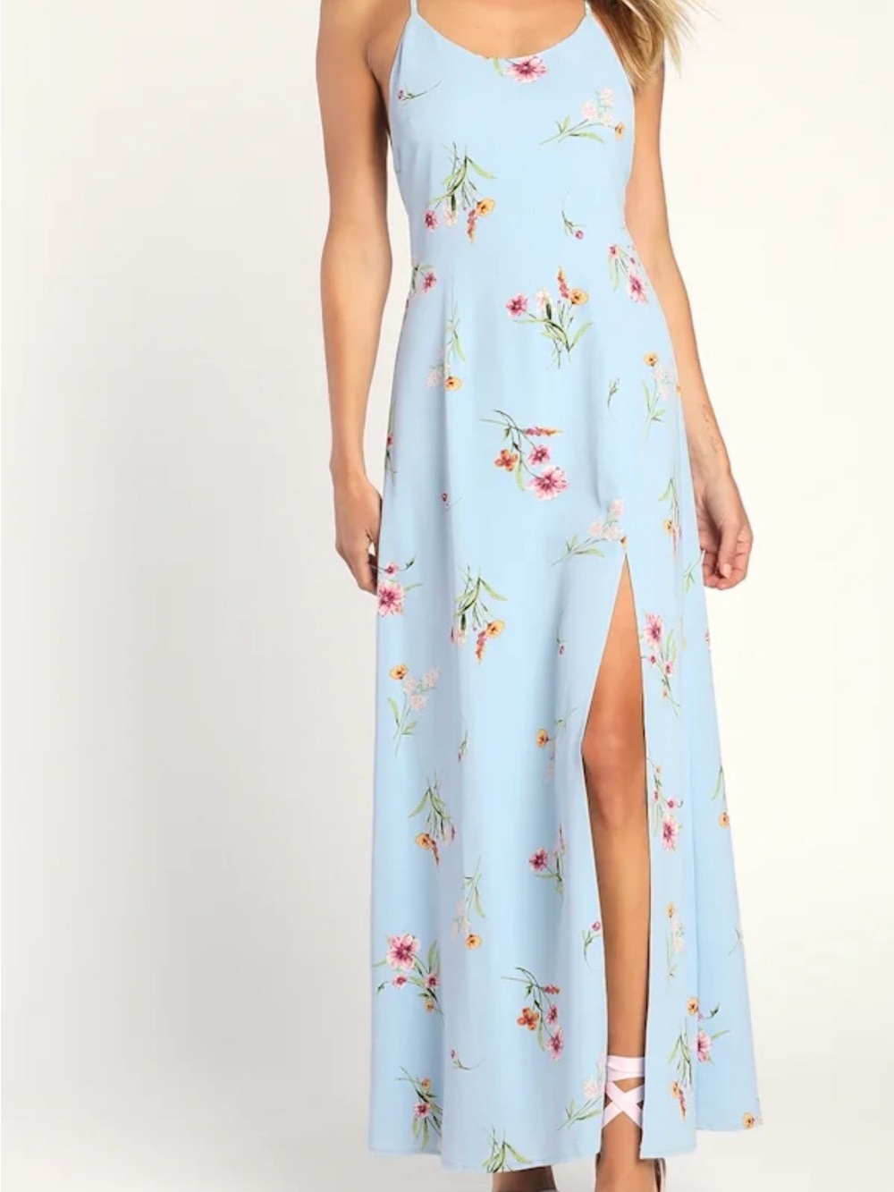 Lulu's Sky Blue Floral Maxi Dress with Side Slit